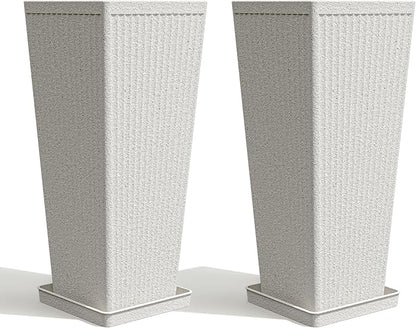 Tapered Tall Planters for Outdoor Plants 2 Pack- 23.6 Inch Heavy-Duty Classic Square Indoor Flower Pots with Drainage Holes/Partition/Tray, Large Outdoor Planters for Porch Patio, White