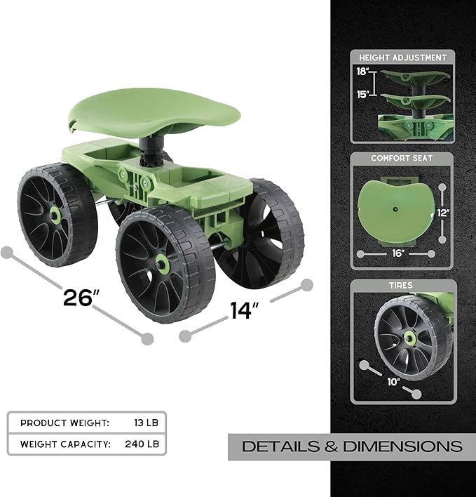 TheXceptional Wheelie Scoot | Premium Rolling Work Seat | Comfort Utility Garden Stool with Never Flat Wheels | Made in USA by Vertex | Model EX500