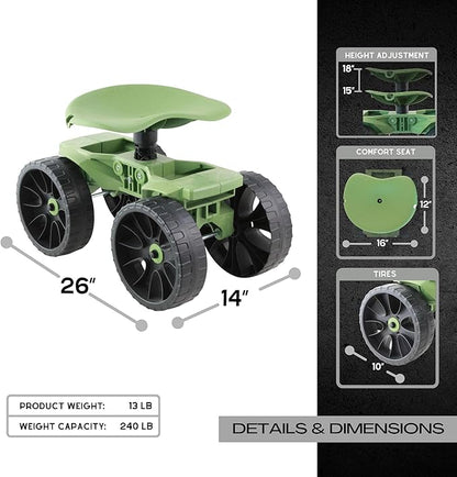 TheXceptional Wheelie Scoot | Premium Rolling Work Seat | Comfort Utility Garden Stool with Never Flat Wheels | Made in USA by Vertex | Model EX500