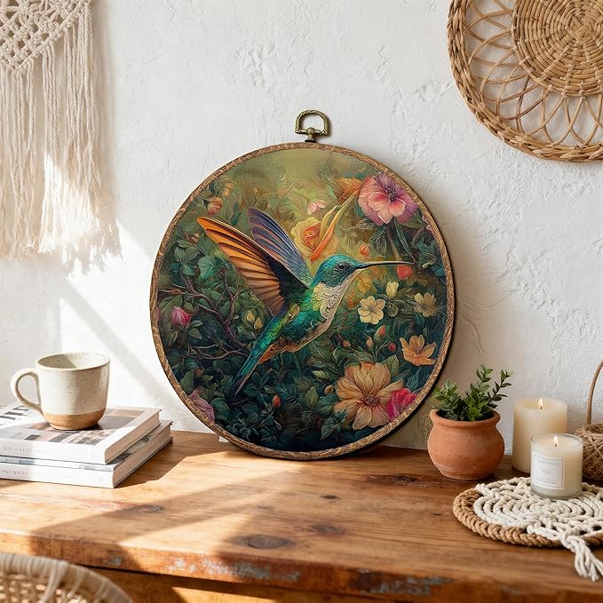 DEQSX Vintage Floral Hummingbird Round Wall Art, Rustic Nature Cottagecore Flower Botanical Bird Wall Decor Canvas Prints Posters for Home Bedroom Living Room, 10x10 Inches