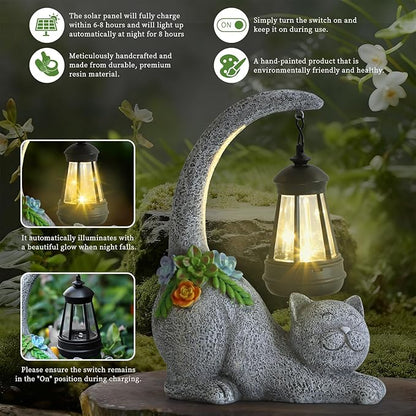 Garden Cute Cat Gnome Statue Decorations - Solar Resin Cat wtih Solar Garden Lights Outdoor Decorations Waterproof for Patio,Yard,Lawn,