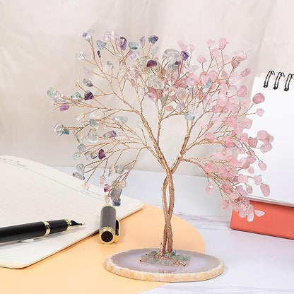 mookaitedecor Handmade Rose Quartz & Fluorite Crystal Tree with Agate Slice Base, Bonsai Money Tree of Life for Wealth and Luck, Feng Shui Home Decor, Colorful