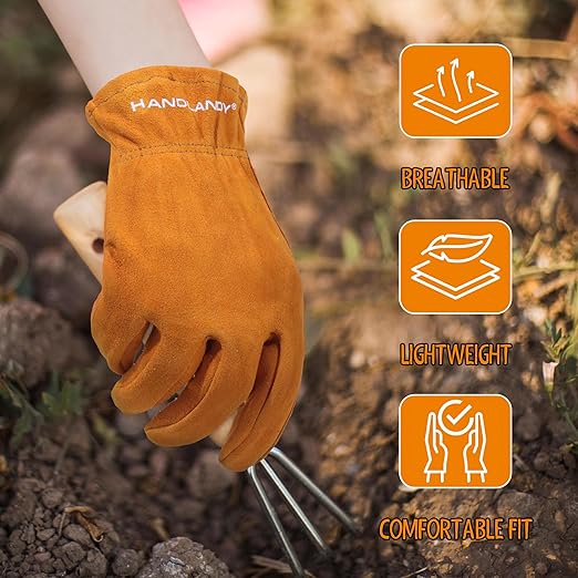 HANDLANDY Kids Genuine Leather Work Gloves for ages 3-11, Children Gardening Gloves for Boys, Girls (Small (for age 2-4), Orange)