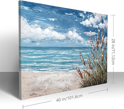 Beach Scene Wall Art, large Blue Ocean Seascape Painting,Seaside weed Coastal Canvas oil Painting Seascape Paintings Coastal Picture Framed Artwork for Living Room Bedroom Office Decor 40" x 28"