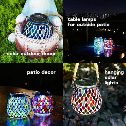 2 Pack Mosaic Blue & Red Solar Lanterns, Outdoor Glass Hanging Lights, Waterproof, Solar Table Lamps, Christmas Gifts for Women Mom Grandma, Night Lights, Decoration for Garden, Patio, Outdoor Decor