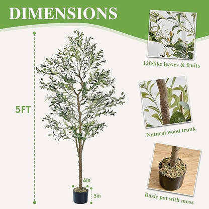 VECELO Artificial Olive Tree 5FT(61inch), Faux Olive Trees in Pot, Tall Fake Plant with Silk Leaves, Realistic Fruits and Dried Moss for Indoor Home Office Decor