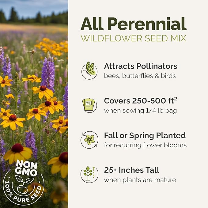 Eden Brothers All Perennial Wildflower Mixed Seeds for Planting, 50 lb, 24,000,000+ Seeds with Lupine, Shasta Daisy | Attracts Pollinators, Plant in Spring or Fall, Zones 3, 4, 5, 6, 7, 8, 9, 10