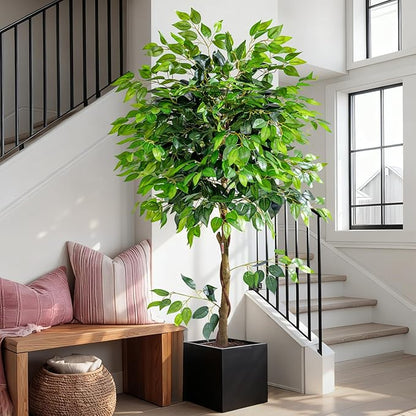 Artificial Ficus Tree 6FT Artificial Plants Indoor Fake Ficus for Indoor Home Decor, 150% Foliage Density Realistic Faux Tree Fake Floor Plant with Leaves for Living Room, Office, House Plant
