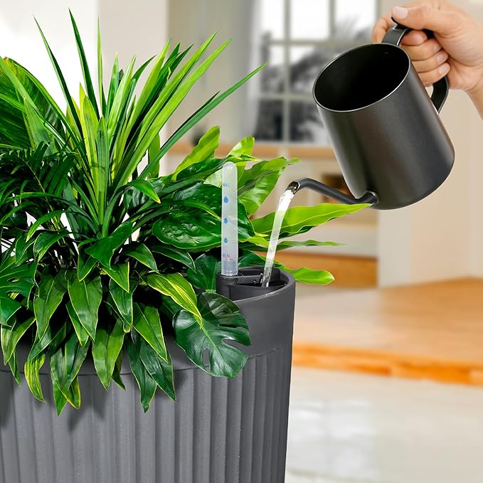 24" Large Planter Set of 2, Self Watering Tall Plastic Planters for Outdoor Plants, Modern Flower Pots Planter Outdoor for Patio, Front Door Decor, with Drainage (Gray Ribbed)
