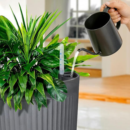 24" Large Planter Set of 2, Self Watering Tall Plastic Planters for Outdoor Plants, Modern Flower Pots Planter Outdoor for Patio, Front Door Decor, with Drainage (Gray Ribbed)