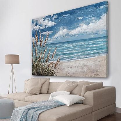 Beach Scene Wall Art, large Blue Ocean Seascape Painting,Seaside weed Coastal Canvas oil Painting Seascape Paintings Coastal Picture Framed Artwork for Living Room Bedroom Office Decor 40" x 28"