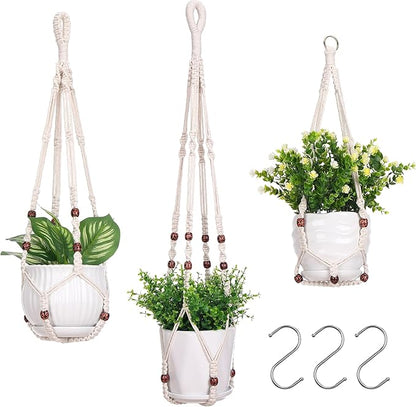 YIBOT 3 Pack Macrame Plant Hangers Indoor Different Size Hanging Planter Basket Flower Pot Holder with Beads No Tassels 35"/29"/23"(POTS NOT Included)