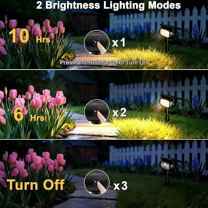 Solar Spot Lights Outdoor Waterproof IP67, Warm White Landscape Lighting with 2 Brightness Mode, Fast-Charge HPBC Panel, Spotlights for Yard, Garden, Pathway