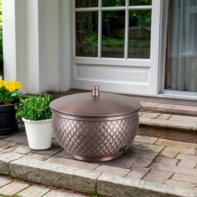 Monarch Abode Garden Hose Holder with Lid – Decorative Water Hose Holders for Outside, Diamond Embossed Metal Antique Copper Pot with Drainage, 100ft Waterhose Holder for Outside, Garden Storage Caddy