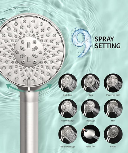 SR SUN RISE Filtered Shower Head with Handheld High Pressure 9 Spray Mode Showerhead Detachable Shower Head Water Softener Filters Beads for Hard Water Remove Chlorine 1 Filter Brushed Nickel