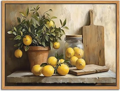 Floating Framed Vintage Kitchen Wall Art, Yellow Lemon Still Life Wall Decor Oil Paintings, Rustic Farmhouse Artwork Canvas Posters Prints Pictures for Living Room Bedroom Home Decor 12x16 Inch