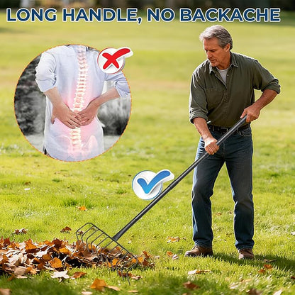 56" Rake with Oversize L-Head - Lightweight Tool for Effortless Collecting Cleaning - Sturdy Design for Dethatching, Landscaping, Lawn, Yard, Bushes, Pine Needles, Hay, Leaves, Mulch, Grass