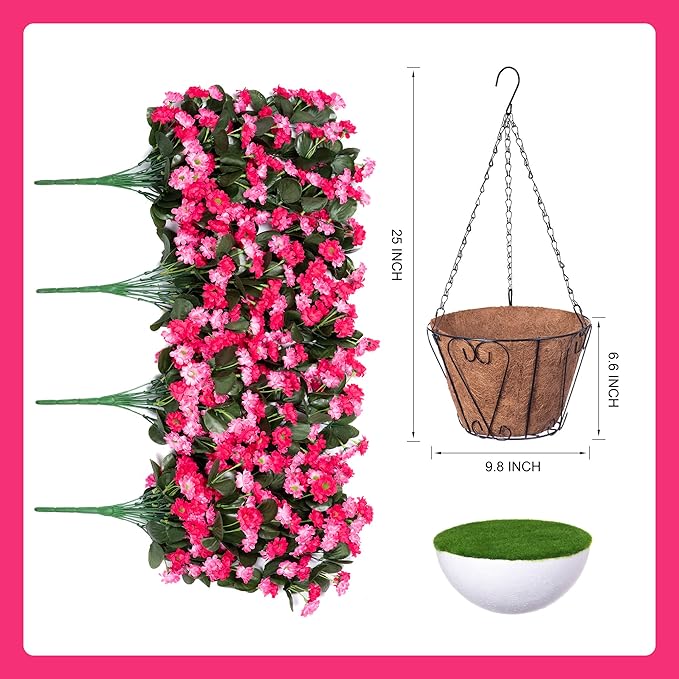 Artificial Flowers in Hanging Basket for Outdoors Indoors Decor, Artificial Mums Bush Flowers Plants with Baskets for Home Porch Garden Yard Patio Spring Summer Decoration (Rose Red)