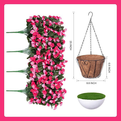 Artificial Flowers in Hanging Basket for Outdoors Indoors Decor, Artificial Mums Bush Flowers Plants with Baskets for Home Porch Garden Yard Patio Spring Summer Decoration (Rose Red)