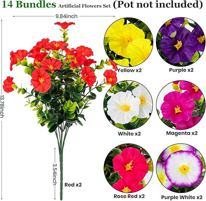 Lnoicy Artificial Flowers for Outdoor 14 Bundles Eucalyptus Fake Flowers for Planter,UV Resistant Fake Morning Glory for Home/Porch/Garden Decoration（7 Color）