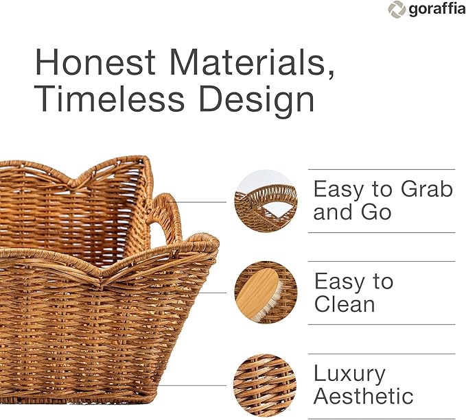 Scalloped Wicker Basket with Handles – 11.5"x11.5"x6" Handwoven Rattan Decorative Storage Bin for Bedroom, Bathroom & Home Use (Honey)