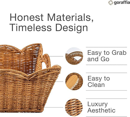 Scalloped Wicker Basket with Handles – 11.5"x11.5"x6" Handwoven Rattan Decorative Storage Bin for Bedroom, Bathroom & Home Use (Honey)