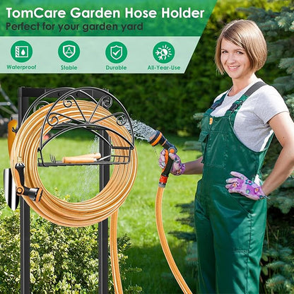 TomCare Garden Hose Holder Upgraded Water Hose Holder with Storage Basket 2 Tool Hooks Heavy Duty 4 Spikes Hose Hanger Holds 160ft Hoses Freestanding Hoses Storage Organizer for Outside Yard