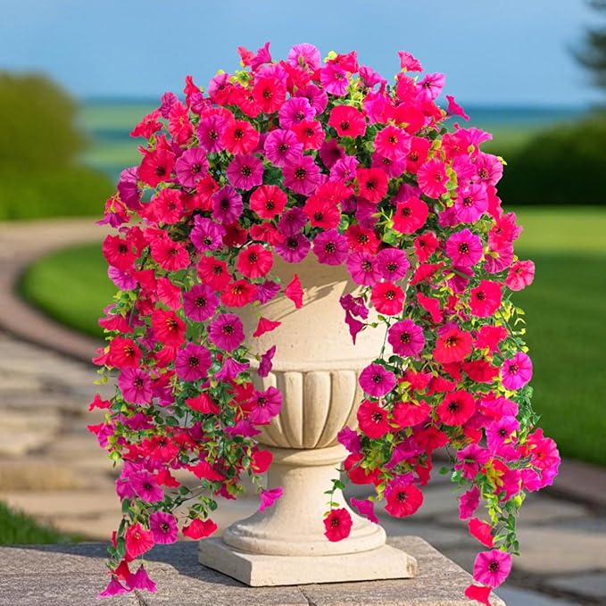 Artificial Hanging Flowers for Outdoor, 2 PCS Silk Morning Glory Faux Flowers with Eucalyptus Leaves,Realistic Hanging Plants for Wedding Home Office Garden Decor