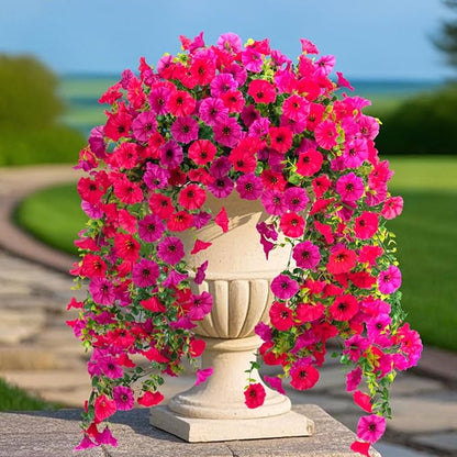 Artificial Hanging Flowers for Outdoor, 2 PCS Silk Morning Glory Faux Flowers with Eucalyptus Leaves,Realistic Hanging Plants for Wedding Home Office Garden Decor