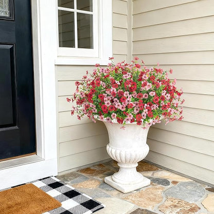 Artificial Fake Mums Flowers for Outdoor Spring Summer Decor, 12 Bundles Faux Silk Plants Daisy for Planter Pot Colorful UV Resistant Look Real for Front Door Porch Patio Outside Yard(Red Pink)