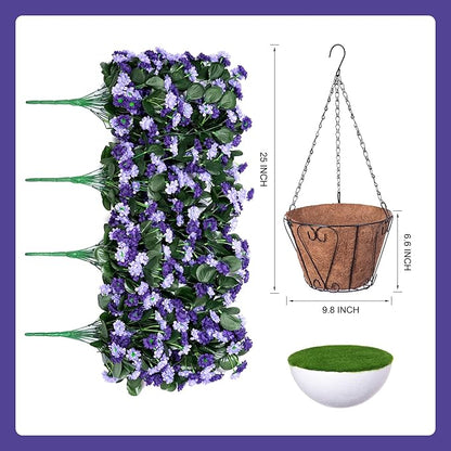 Artificial Flowers in Hanging Basket for Outdoors Indoors Decor, Artificial Mums Bush Flowers Plants with Baskets for Home Porch Garden Yard Patio Spring Summer Decoration (Deep Purple)