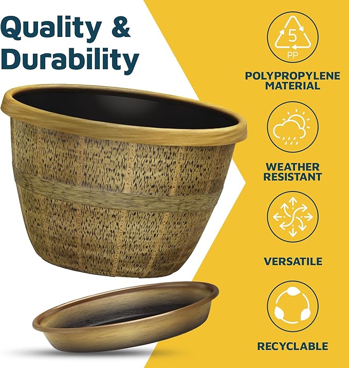 10-Inch Whiskey Barrel Planters Outdoor Pack of 10 - Durable Plastic Plant Pots for Indoor & Outdoor Use with Drainage & Saucer, Lightweight Rustic Barrel Planters for Flowers, Herbs & Small Plants