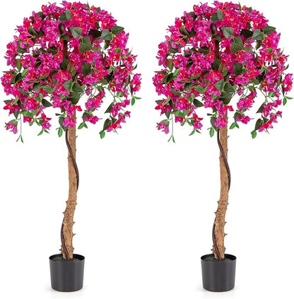 GOFLAME 53" Artificial Bougainvillea Tree, 2 Pack Faux Silk Flower Plant in Pot with 576 Flowers & 288 Leaves, Indoor Outdoor Fake Bougainvillea for Home, Office and Garden Decor, Red