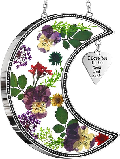KY&BOSAM Moon Suncatcher Stained Glass for Window Hangings Wind Chime Decor with Pressed Real Flower and Metal I Love You to The Moon and Back Charm Birthday Gift for Women Mom Mother`s Day Christmas