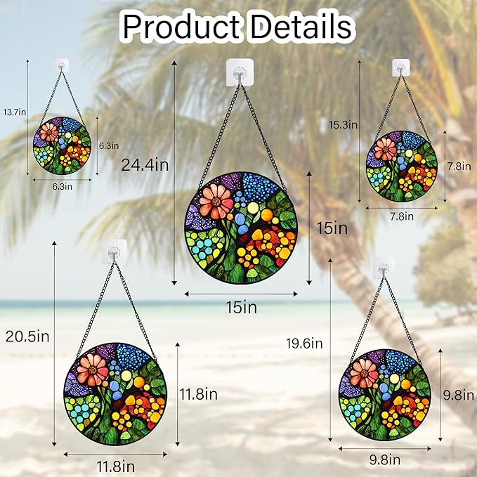 Stained Glass Window Hanging Red Flowers Green Blue Orange Dots 9.8" - Suncatcher Door Garden Sun Catcher Home Decor Birthday Christmas for Mom Men Woman Nana