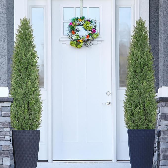Artificial Cedar Topiary Trees, 5 FT Outdoor Faux Cedar Tree Evergreen Plant, 60 inch UV Rated and Fake Potted Cypress Tree Shrubs for Gateway Front Door Porch Balcony Yard Decor, Set of 2