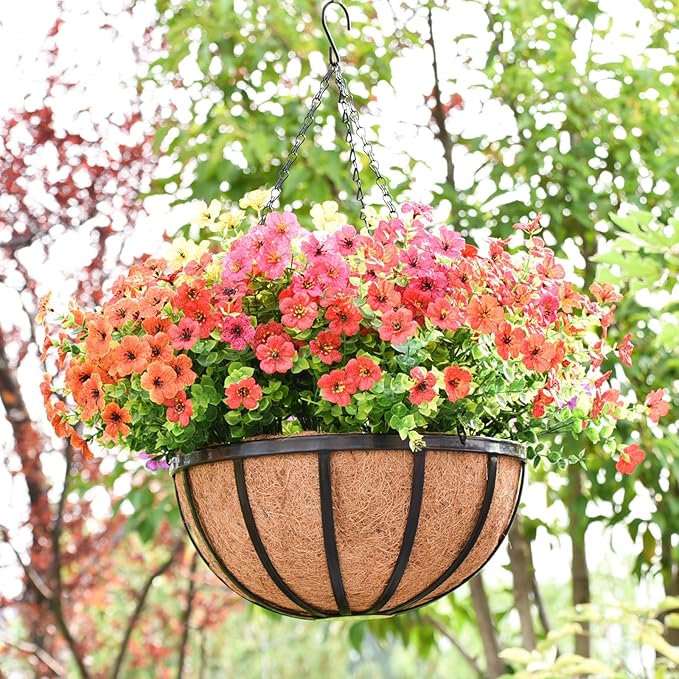 4 Pack 14 Inch Hanging Planters for Outdoor Plants Metal Hanging Planter Basket with Coco Coir Liner Round Plant Black Flat Iron Metal Flower Pots for Deck Patio Porch Garden Balcony