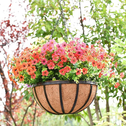 4 Pack 14 Inch Hanging Planters for Outdoor Plants Metal Hanging Planter Basket with Coco Coir Liner Round Plant Black Flat Iron Metal Flower Pots for Deck Patio Porch Garden Balcony