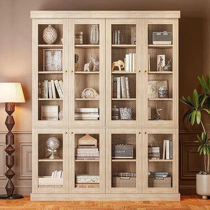 Vyre 70.8" Tall Brown Bookshelf with Glass Doors, Farmhouse Modular Bookcase with 6-Tier Adjustable Shelves, Large Storage Cabinet for Home Office, Living Room, Set of 4