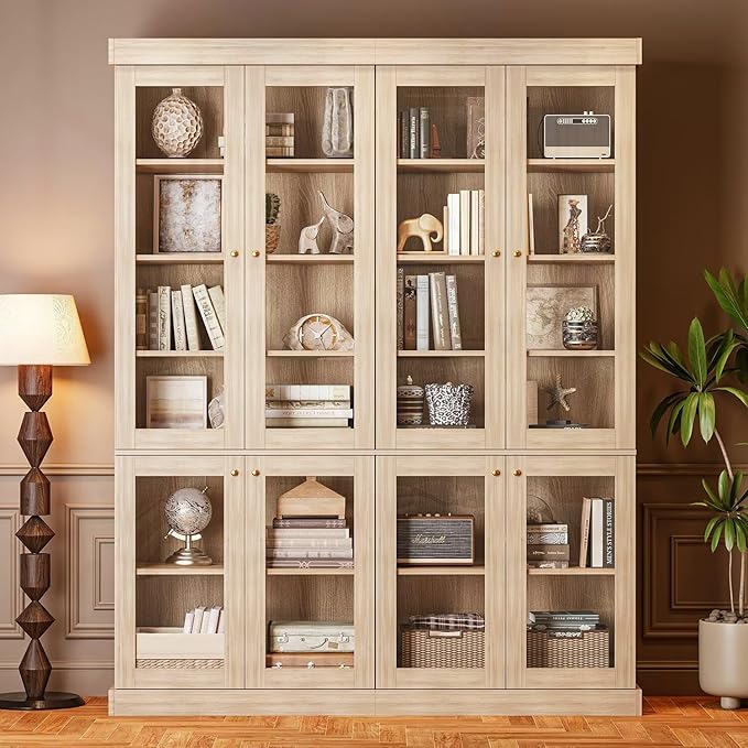 Vyre 70.8" Tall Brown Bookshelf with Glass Doors, Farmhouse Modular Bookcase with 6-Tier Adjustable Shelves, Large Storage Cabinet for Home Office, Living Room, Set of 3