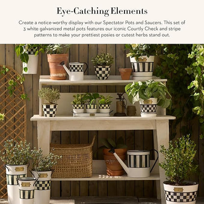 MACKENZIE-CHILDS Galvanized Flowerpots and Saucers, Set of 3, Black-and-White Spectator