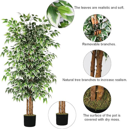 GTIDEA 6ft Artificial Tree Ficus, Tall Faux Trees Indoor with Natural Trunk and Fake Silk Tree Fake Plants for Home Spring Decor Living Room Outdoor Balcony House Office (Included Dried Moss)
