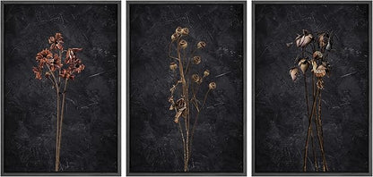 Ashbrook Framed Canvas Print Wall Art Set Dark Moody Wildflowers Nature Wilderness Illustrations Modern Art Decorative Floral Botanical Minimal Calm/Relax/Cozy for Bedroom - 16"x24"x3 Black