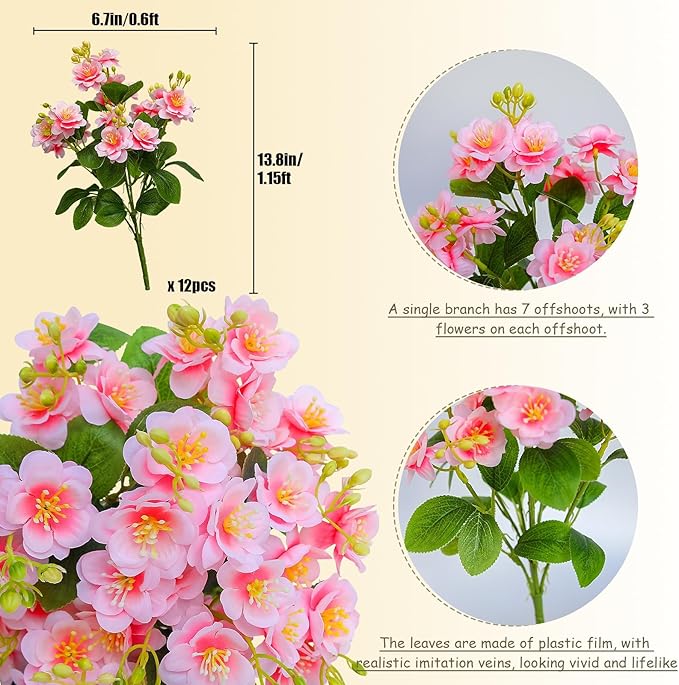 alyptus Artificial Flowers for Outdoors, 12 Bundles UV Resistant Spring Fake Flowers for Porch, Patio & Garden Decor – Realistic Outdoor Fake Plants with Lasting Color - Pink