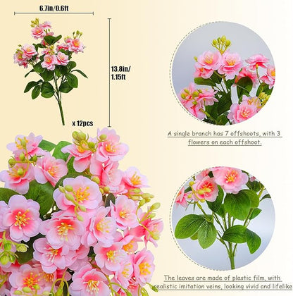 alyptus Artificial Flowers for Outdoors, 12 Bundles UV Resistant Spring Fake Flowers for Porch, Patio & Garden Decor – Realistic Outdoor Fake Plants with Lasting Color - Pink