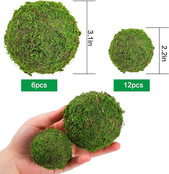 Biubee 18 Pack Decorative Faux Dried Moss Balls- 6pcs 3.1" Artificial Green Plant Mossy Globes+ 12pcs 2.2" Handmade Sphere Moss Gift for Home Dough Bowl Vase Chinoiserie Decors Party Wedding Display