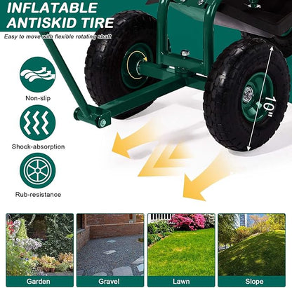 Outvita Garden Cart Rolling Workseat with Wheels, Gardening Stool with Adjustable 360 Degree Swivel Seat, Extendable Handle, Tool Tray & Storage Basket, Gardening Scooter for Yard, Planting, Green
