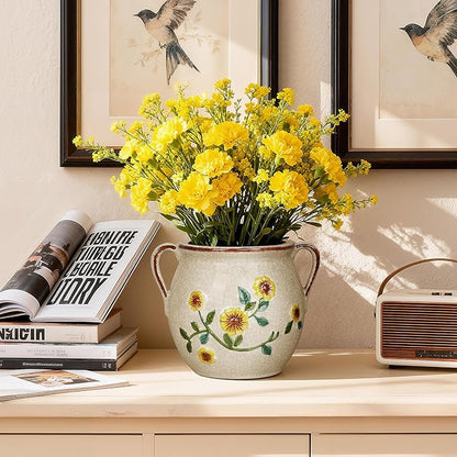 BUYMAX 6 Inch Vintage Ceramic Flower Pot with Relief Design & Handles, Indoor Plant Planter with Drainage Hole, Home Garden Decor for Living Room, Gift Ideas