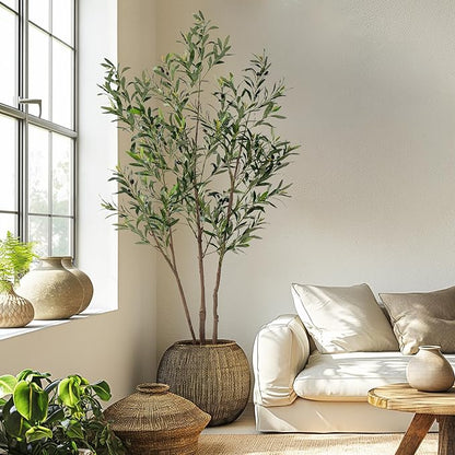 6FT Artificial Olive Tree Tall Faux Silk Plant Tall Faux Olive Tree with Natural Wood Trunk & Lifelike Fruits Fake Potted Tree or Home Office Decor