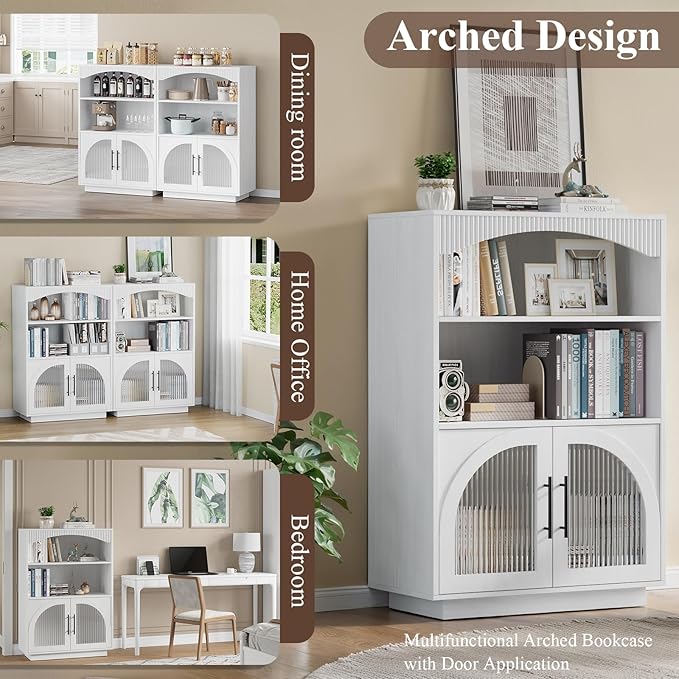 46" Bookshelf with Doors, White Bookcase with Glass Door, 3 Tier Small Bookshelf w/Deep Storage Cabinet and Adjustable Shelves, Wood Standing Mid Century Book Shelf for Home Office Kitchen